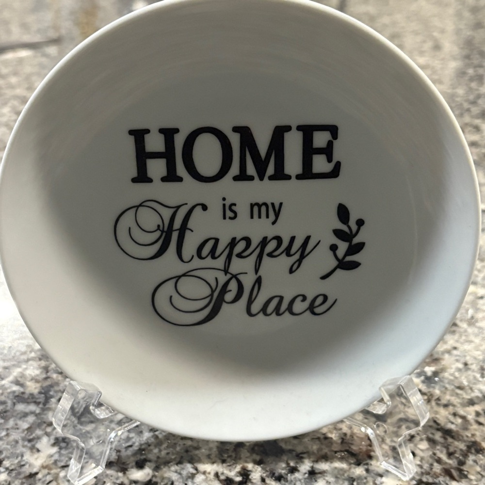 Small white ceramic plate with the quote “HOME is my Happy Place" includes stand